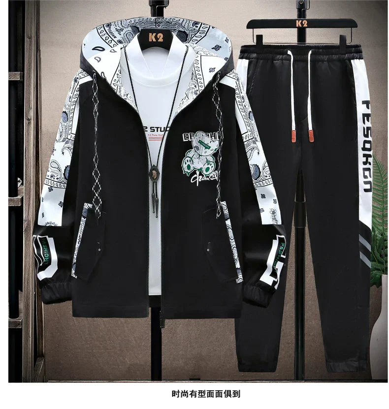 Spring Men Sportswear Tracksuit 2 Piece Running Sets Sports Hooded Jacket+Pant Sweatsuit Male Print Clothing Streetwear