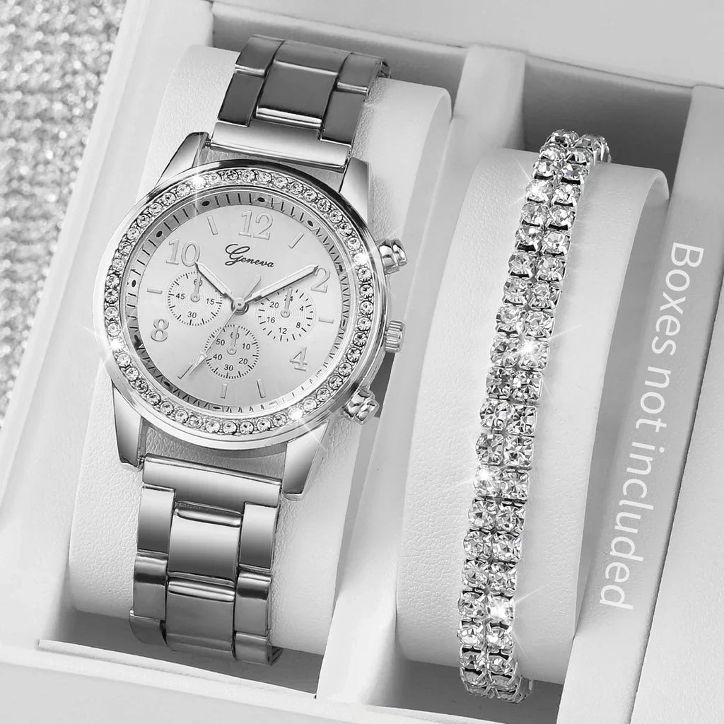 Fashion Women Stainless Steel  Silver Color Quartz Watch with Diamond Bracelet