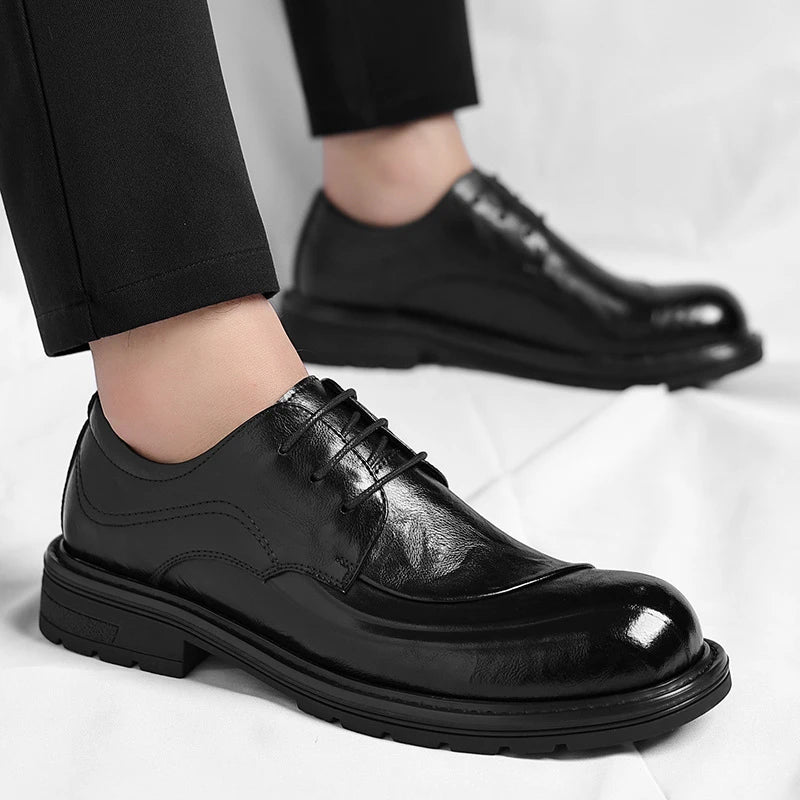 Brown Burnished Genuine Leather Lace Up Chunky Sole Formal Business Office Groom Wedding Daily Wear Shoes Fashion Comfortable