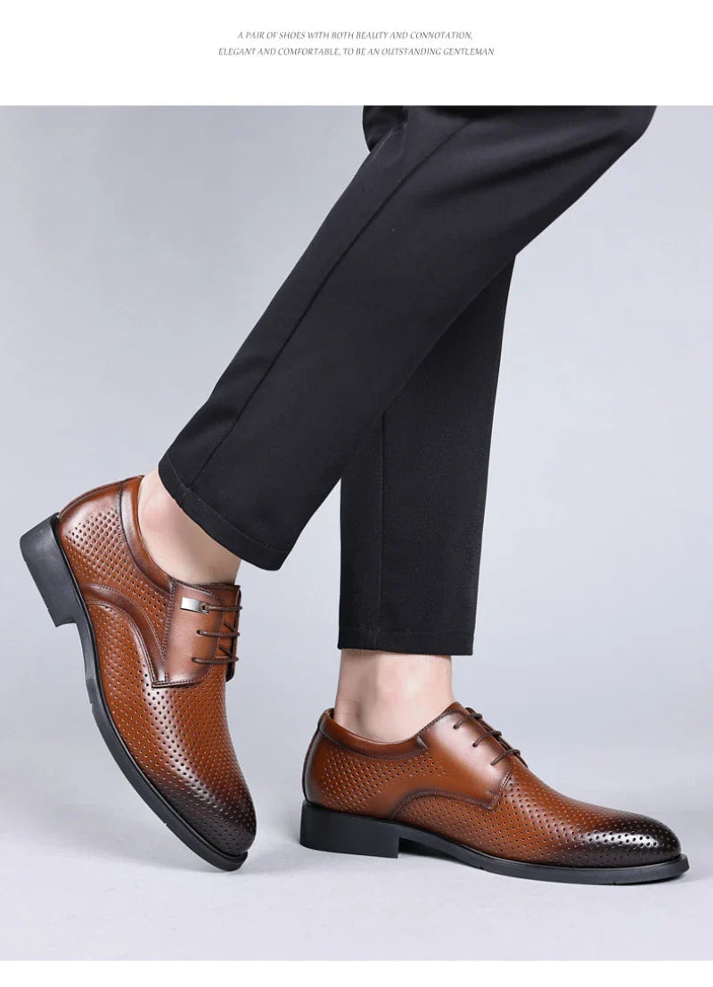 Mens Black Genuine Leather Perforated Metal Decor Lace Up Formal Business Office Breathable Summer Shoes Hollow Stylish Simple