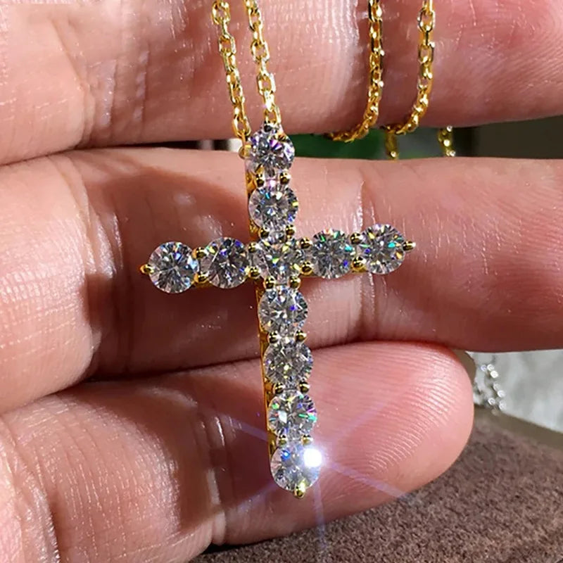 Certified 3.5MM Moissanite Necklace 14K Gold Filled Cross Pendant Necklace for Women Europe and America Vintage Jewelry