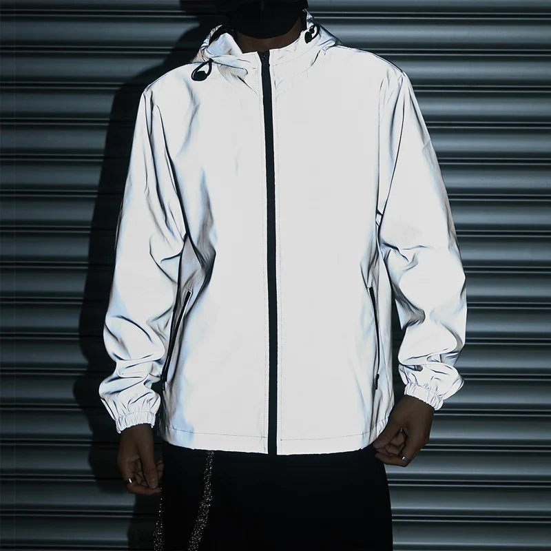 Night Reflective Clothes Spring New Men's Hooded Jacket Outdoor Run Casual Windproof Coat Couples Hip-hop Streetwear S-5XL