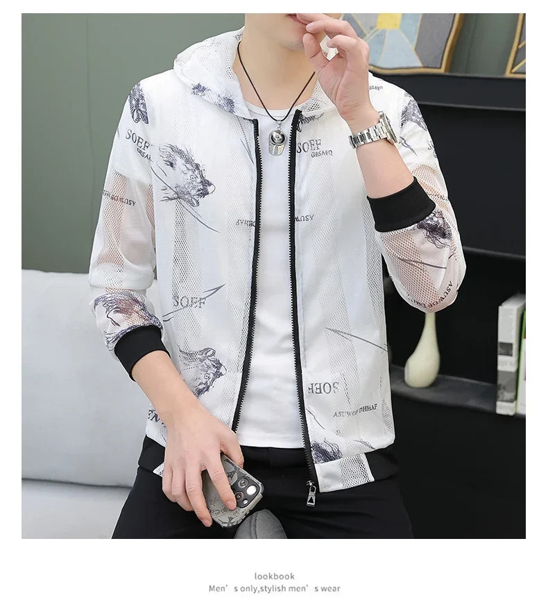 Men's Summer Mesh Sun Protection Clothing Trendy Stripe Print Ice Silk Cool Feeling Breathable Quick Dry Hooded Jacket