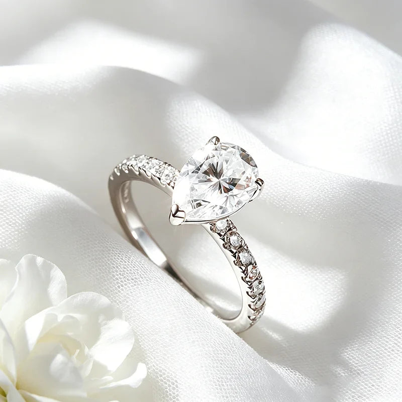 2CT Pear Cut Certified Moissanite Rings for Women Classic Wedding Promise Band Bridal Jewelry Real S925 Sterling Silver