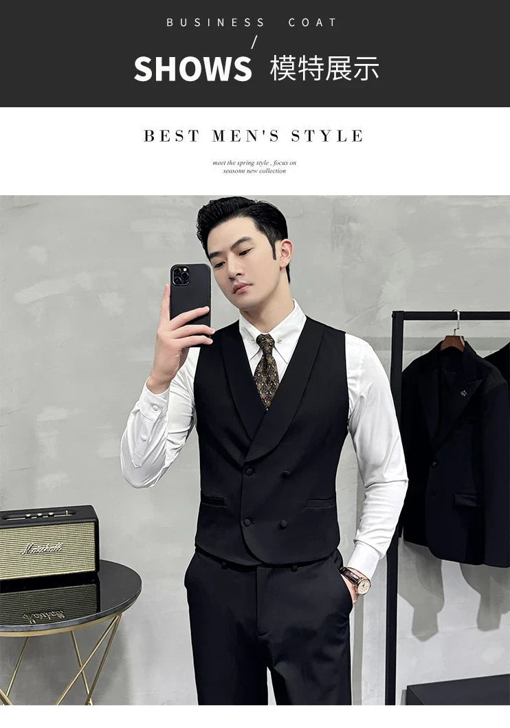 High-end Double-breasted Suit Vest With Pants 2024 New Men Fashion Slim Business Casual Best Groom Wedding Dress Vest  2 Pcs Set