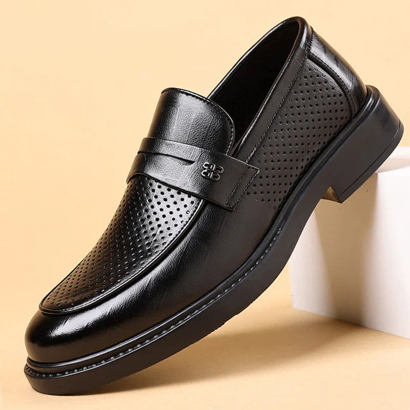 Mens Black Penny Loafers With Perforated Detail Slip On Comfortable Breathable Dress Shoes For Business Office And Summer Wear