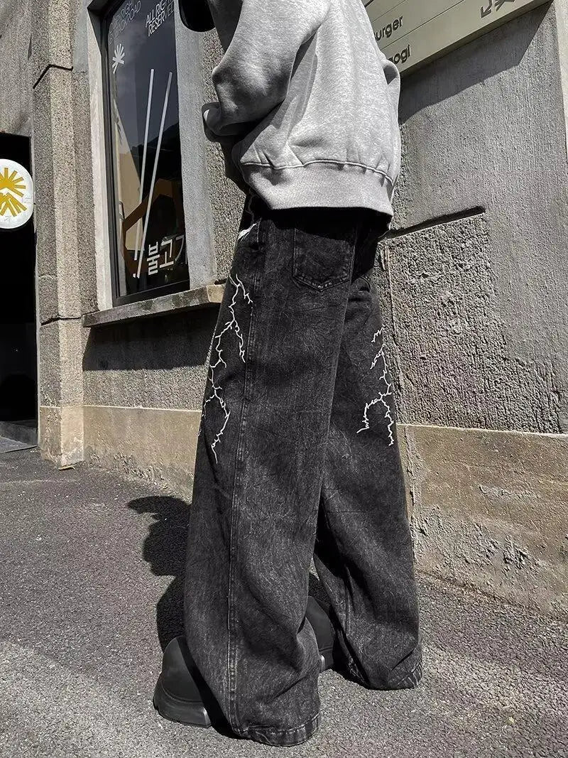 Retro Street Design Thorn Embroidery Niche Versatile Loose Straight Jeans 's Casual Pants (Button Holes Not Opened At Waist)