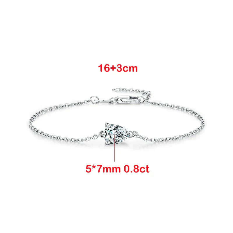 0.8CT D VVS1 Pear Cut Moissanite Bracelets for Women Simple Elegant Wedding Fine Jewerly Dainty Pure S925 Silver Chain