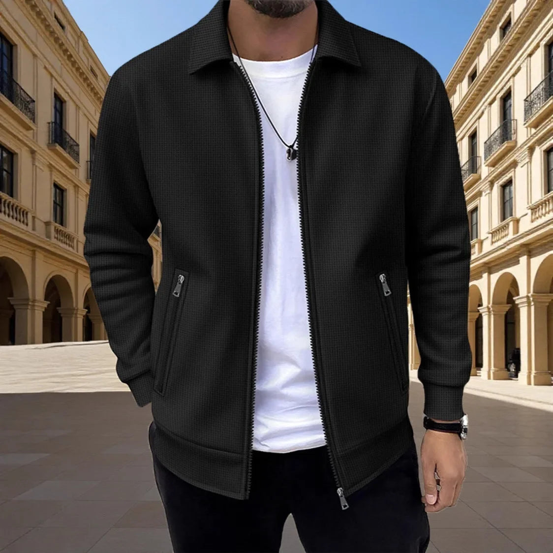 Men's Slim-fit Cardigan Solid-color Lapel Waffle Texture Zipper Pocket Casual Spring/Autumn 2025 Fashion