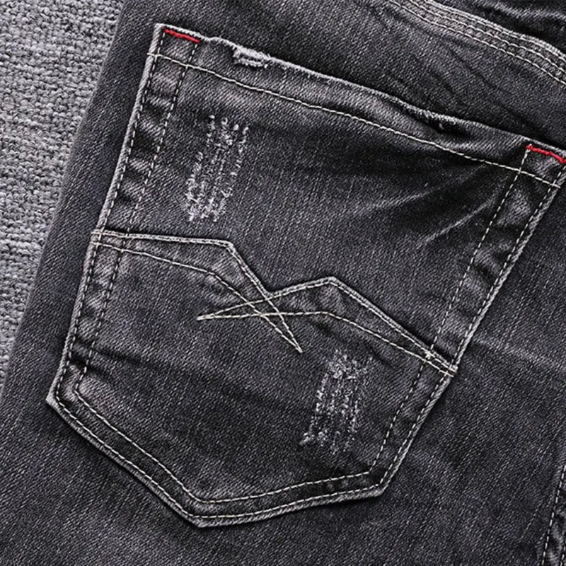 Men Jeans Retro Black Gray Elastic Slim Ripped Jeans