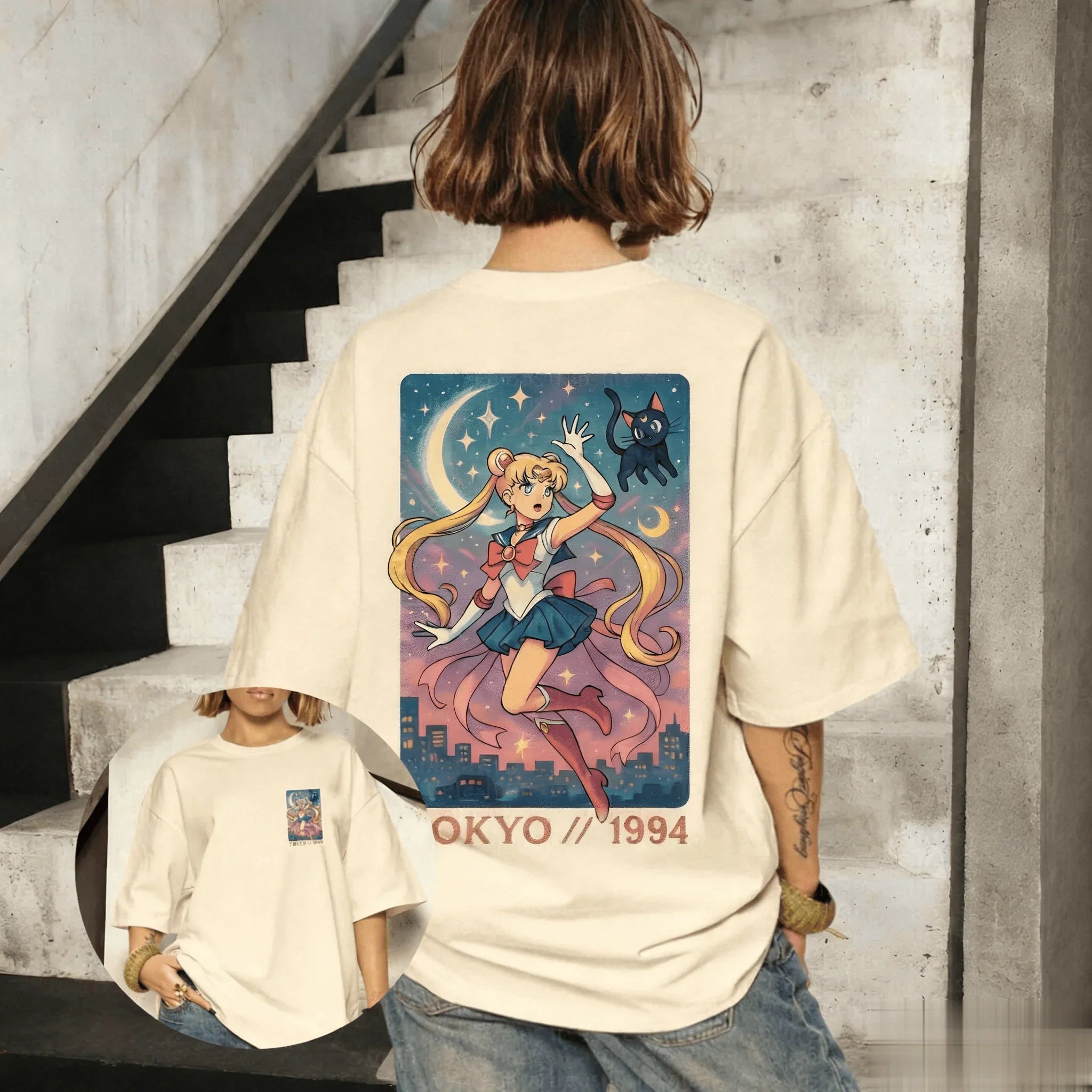 تيشيرت Sailor Moon Anime Graphi للرجال والنساء كبير الحجم بأكمام قصيرة كاجوال ملابس الشارع الصيفية ملابس Y2k برسومات علوية