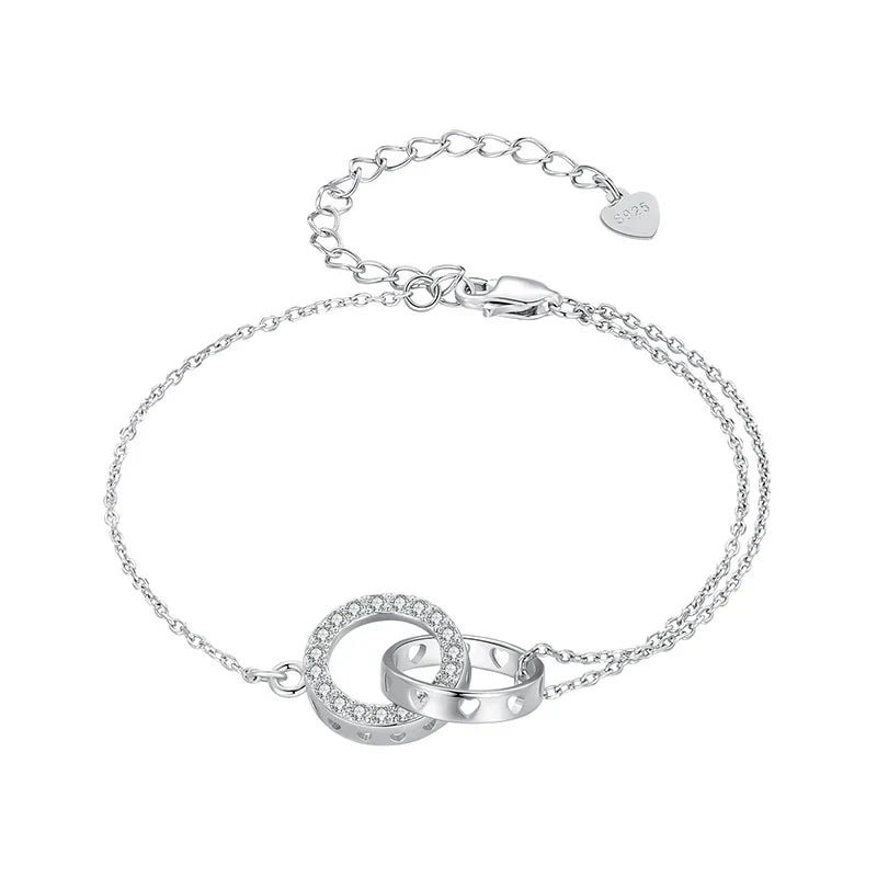 925 Sterling Silver Double Circle Bracelet Eternity Adjustable Chain Link Platinum Plated for Women Valentine's Day Gift