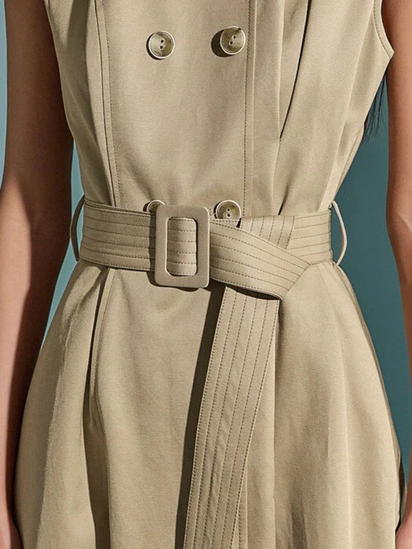 Summer 2025 Women's Elegant Sleeveless Cotton-Blended Dress Double Button High Waist A-Line Office Dresses with Belt