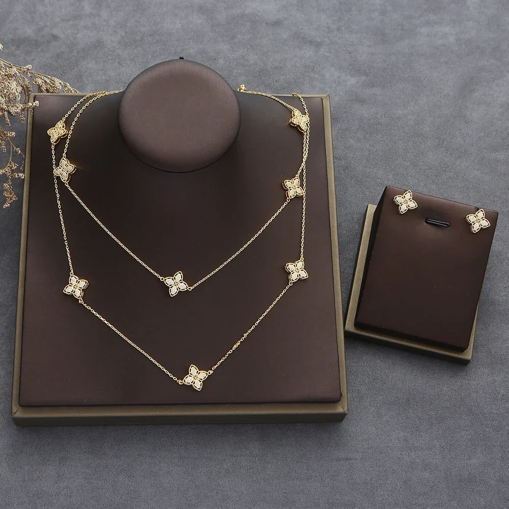 Luxury Flower Statement Necklace earring ring BraceletJewelry Set For Women Wedding Party Full Zircon Dubai Bridal jewelry N0555