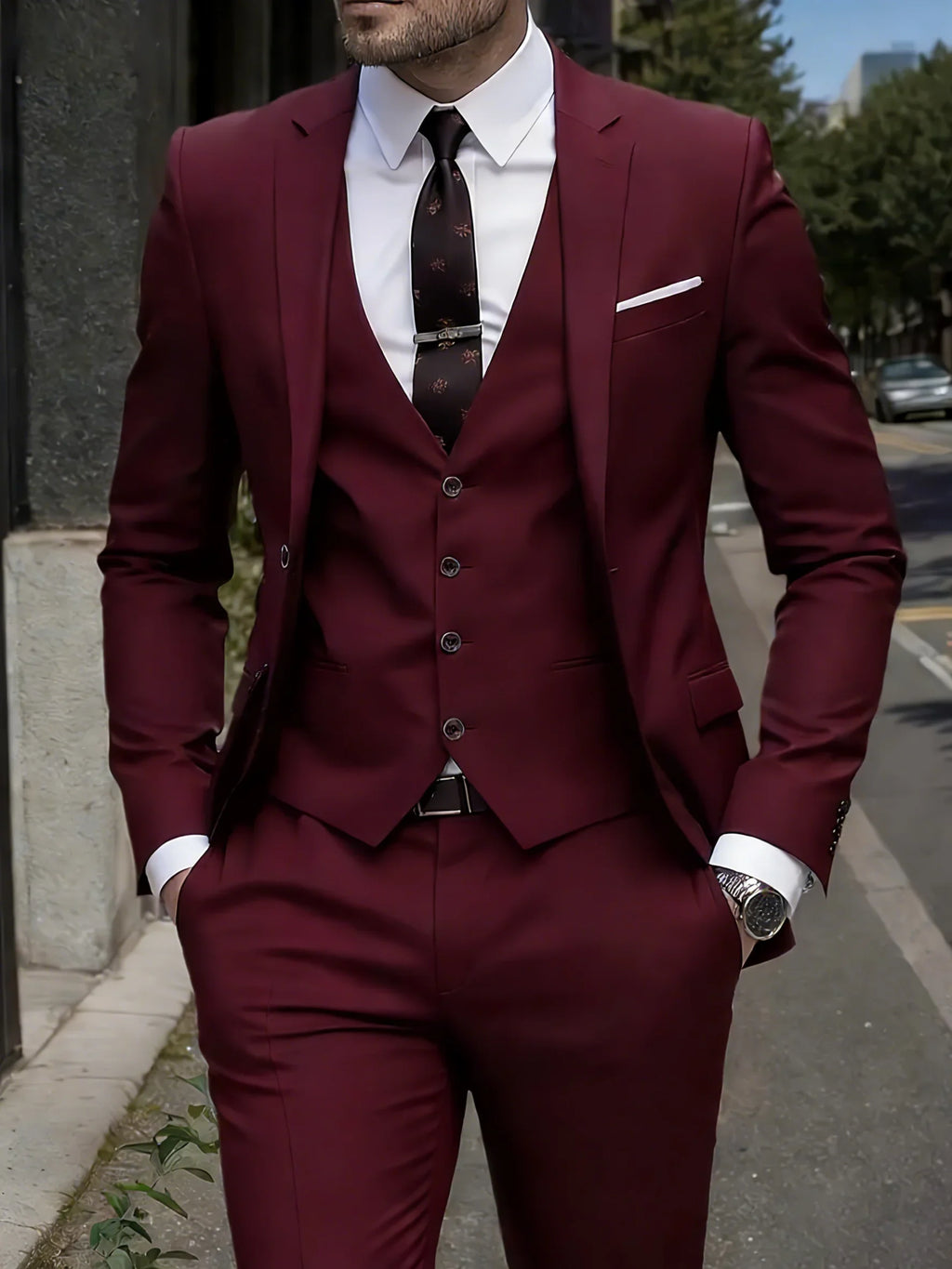 Men's Burgundy 2-Piece Suit Set (Blazer + Trousers Only, No Vest Included),Slim Fit Formal Business Wedding Party Jacket & Pants