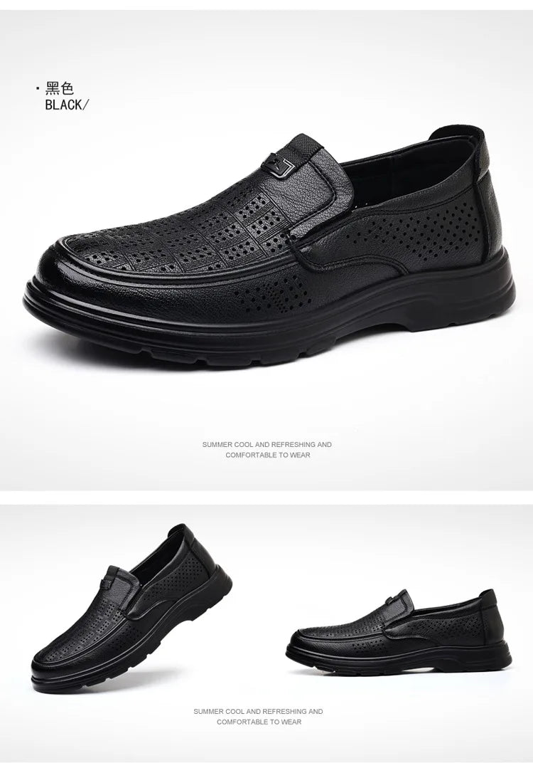 Men's Summer Breathable Leather Loafers Brown Hollow Out Slip-On Shoes Male Thick Sole Comfortable Non-slip Work Shoes for Man