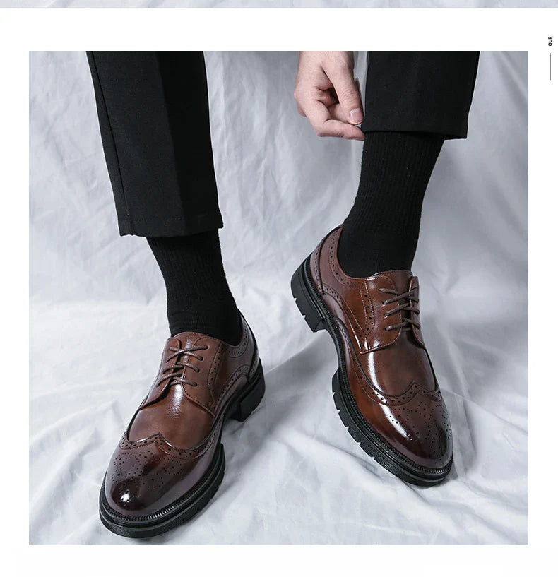Men's Leather Brogue Oxford Dress Shoes Formal Business Handmade Classic 2026 Brown Black Chaussure Homme