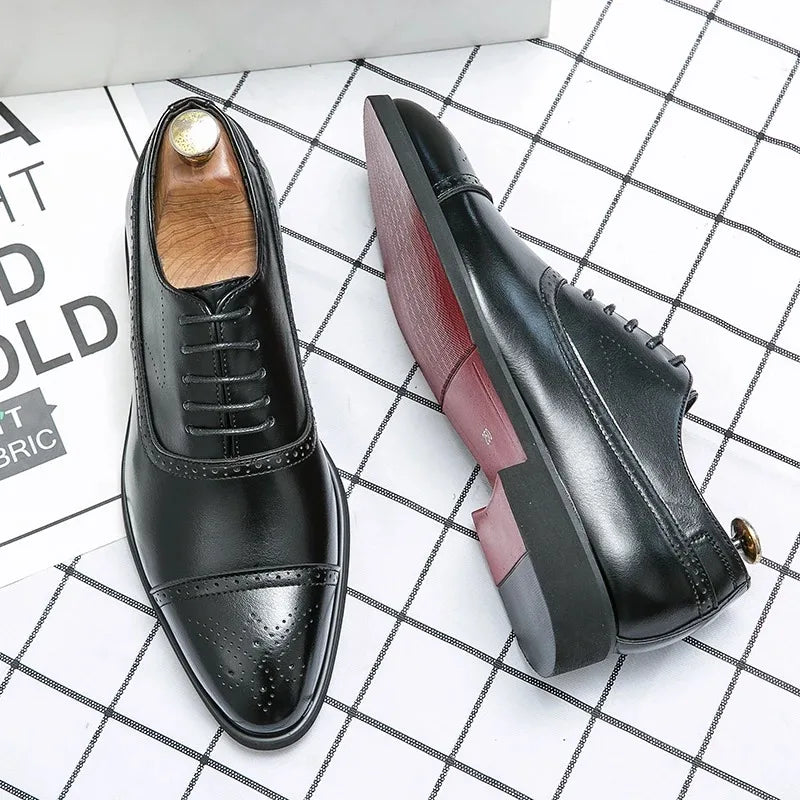 2025 men's shoes with red sole, fashionable business, leisure, party, daily retro carving, lace up, exposed navel formal shoes
