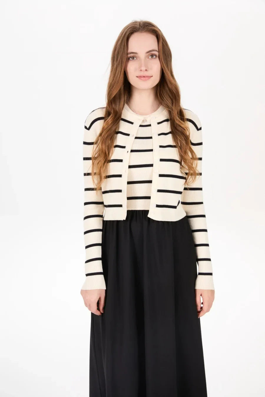 AW25 stripe knitting cardigan + sleeveless patch dress maxi matching set for woman clothing