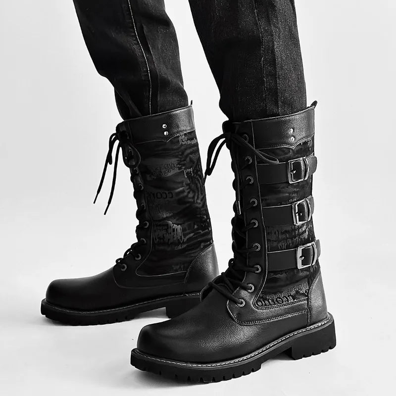 Men's High-top Boots Fashion Street Rock Punk Boots Motorcycle Boots for Men Lace-up Platform Boot Mid-Calf Casual Leather Botas