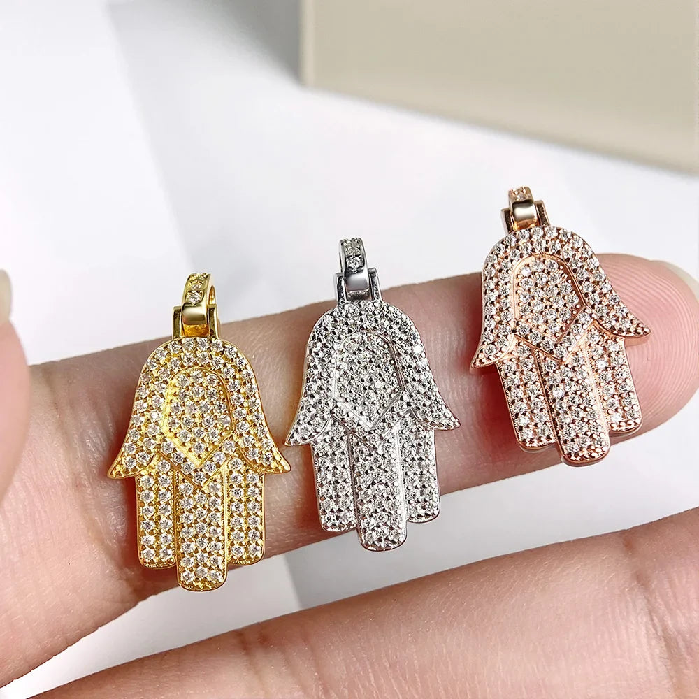 Hamsa Hand Real Moissanite Pendant Necklace for Men Women 925 Sterling Silver 18k Gold Plated Hiphop Fatima Necklace Jewelry