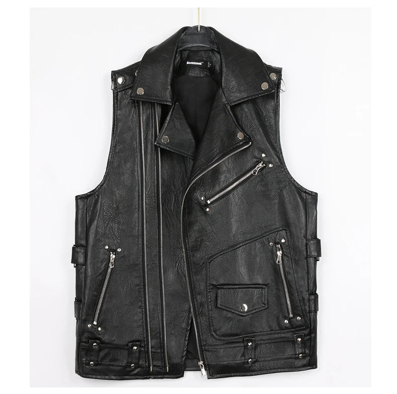 Autumn Black Motorcycle Pu Leather Vest Men Zipper Pockets Plus Size Faux Leather Biker Sleeveless Jacket 4xl 5xl