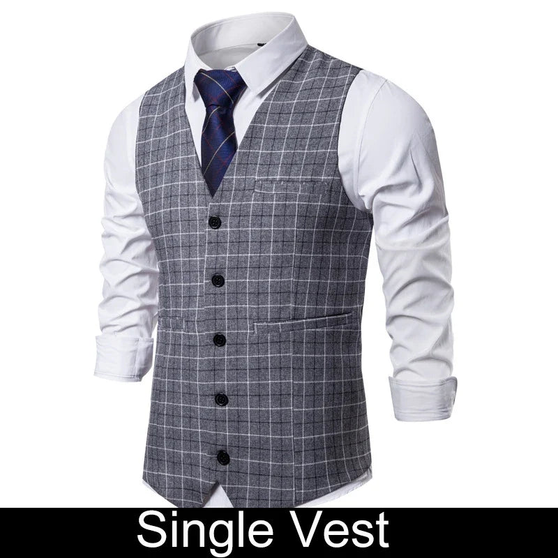 KIDWHXR 2026 Man Waistcoat Slim Plaid Business Casual Male Suit Vest V-neck Sleeveless Breathable Wedding Party Vest for Men