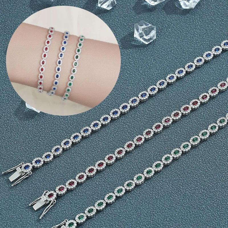 Real 18k White Gold Red Blue Green Moissanite Bracelet for Women Platinum Pt950 Single Row Diamond Simple and Versatile Gift