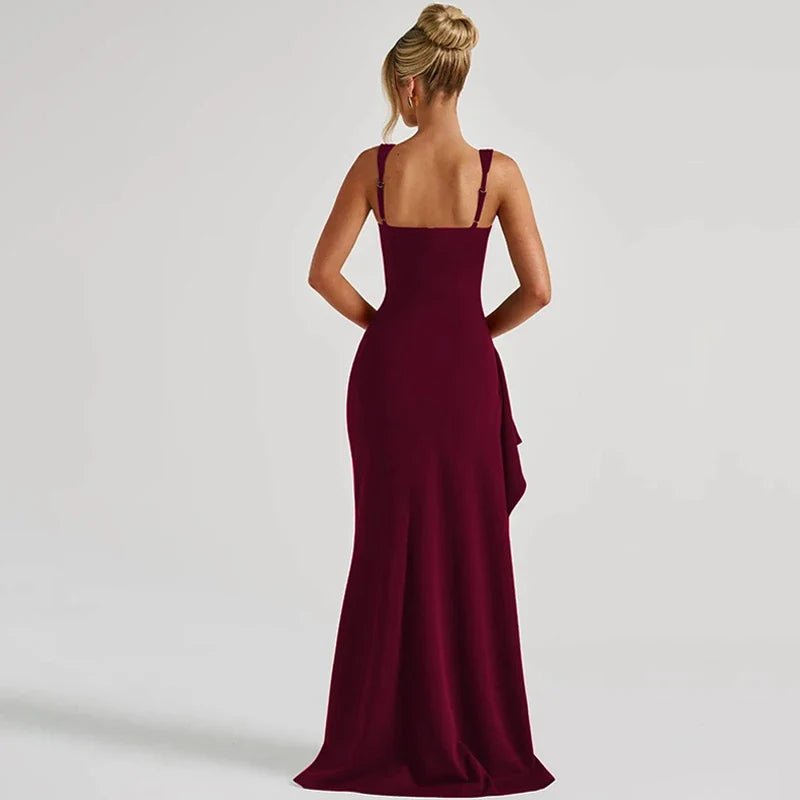 Women Elegant Solid Straps Slit Ruched Patchwork Sexy Bodycon Maxi Dress Summer Outfits Evening Party Birthday Festival