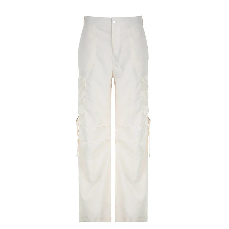 Streetwear Basic Buckle Cargo Pants Women Solid Straight Leg Big Pockets