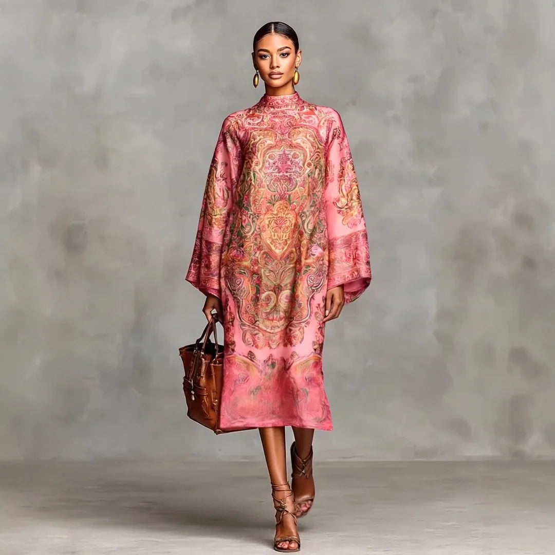Fashion Print Long Dress Women 2025 Autumn Long Sleeve Loose Half High Collar Maxi Dresses Elegant Robes Femme