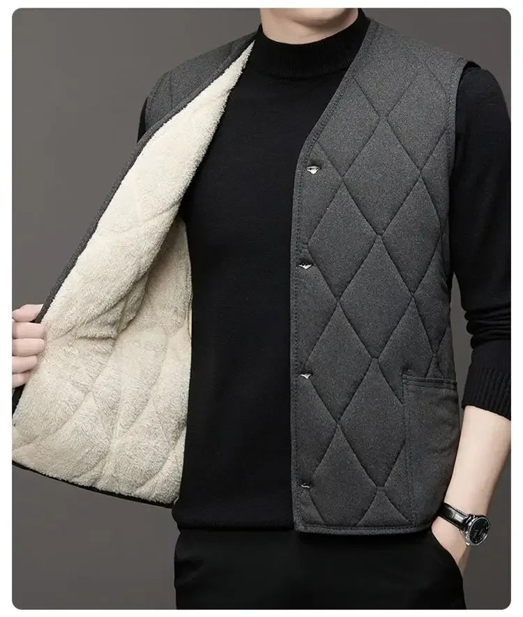 Autumn Winter waistcoat Men Lamb Fleece Coat Vest Button Cardigans Thicken Warm Solid V-Neck Casual Plaid Jackets