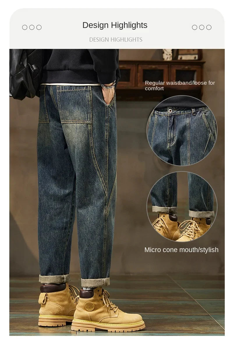 Trendy Loose Straight Casual Jeans Long Pants American Style Spring Autumn Loose Straight Cone Shape Jeans for Casual Wear