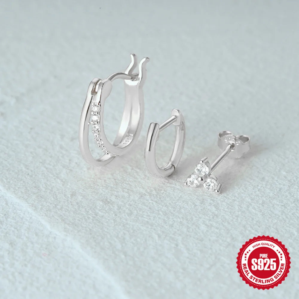 925 Sterling Silver 3PCS Zircon Double Layer Hoop Earrings For Women Minimalism Ins Earrings Fine Jewelry Party Gift