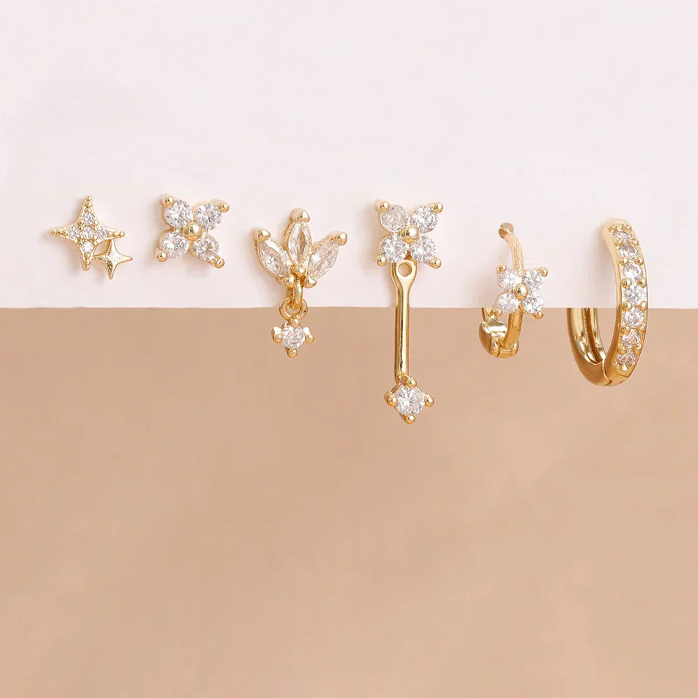6PCS Fashion Cute Zircon Flower Ear Stud For Women Fashion 18K Gold Plated Star Ear Stud Earring Piercing Girl Set Jewelry Gift