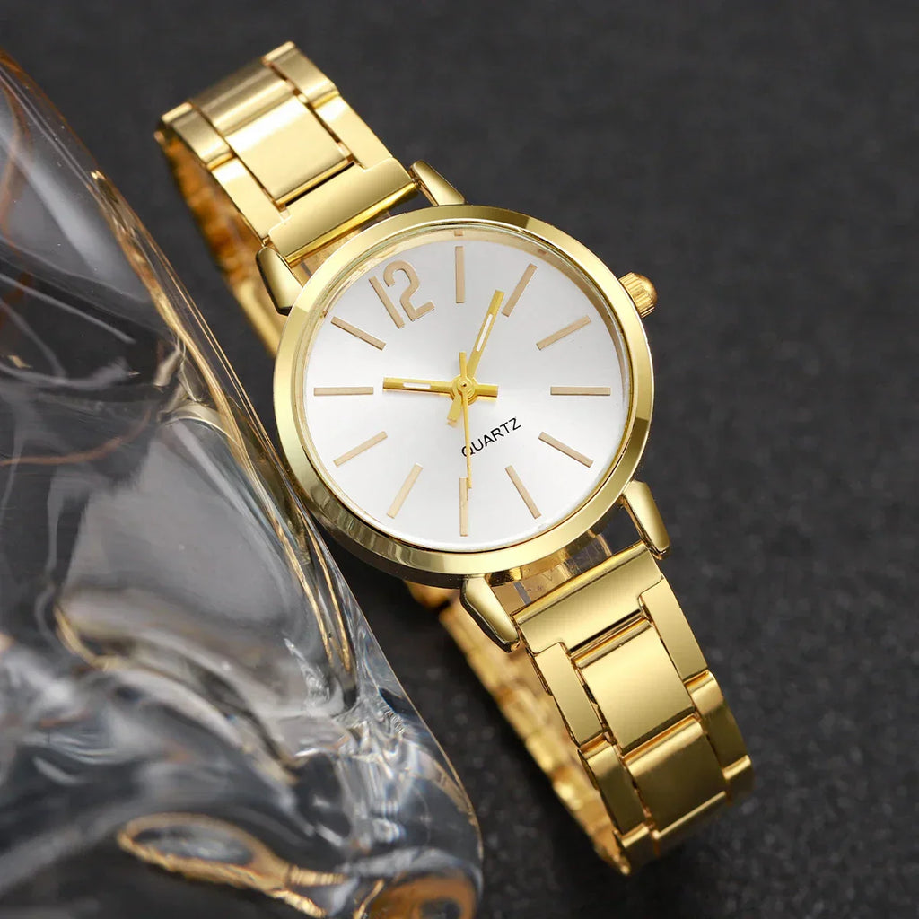 6PCS/Set Simple Scale Dial Women's Watch Fashion Gold Steel Band Quartz Watches Jewelry Set（Without Box）