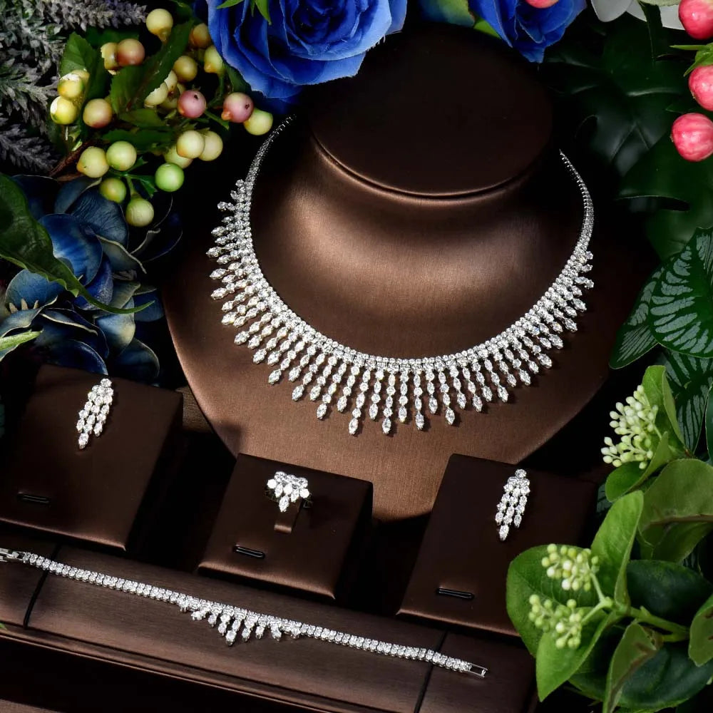 Gorgeous Niche Tassel Accessories Necklace Earrings Bridal Wedding Party AAA Zirconia Set 4 Pcs Evening Gift S-316