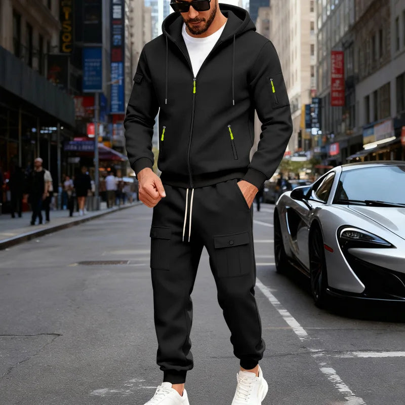 Autumn and winter men's velvet loose casual tooling outdoor sports fashion hooded sweater set