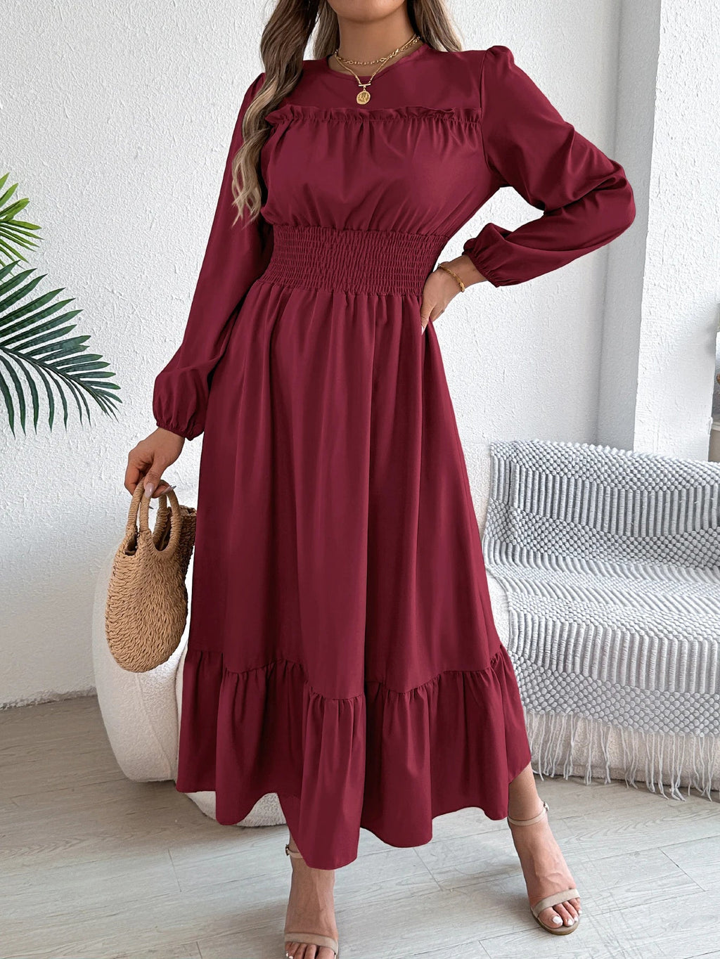 Autumn and Winter Casual Elegant Solid Color Round Neck Long Sleeved Waist Cinched Lotus Leaf Edge Dress Women Clothing