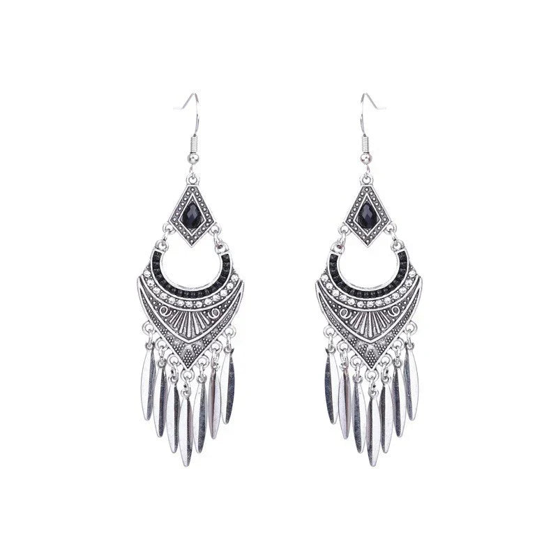 Vintage Bohemian Long Earrings For Women Big Statement Carved Geometric Tassel Boho Tibetan Silver Bronze Color Jewelry Earrings