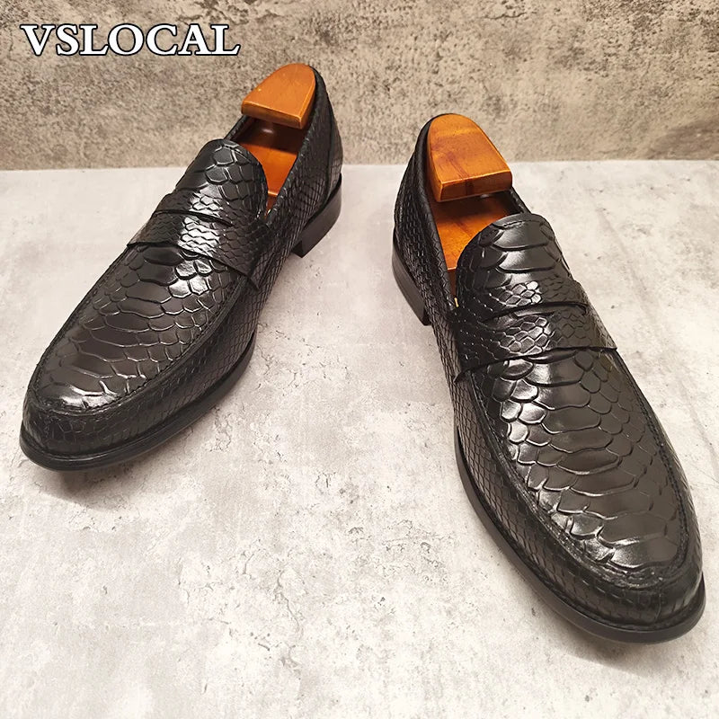 Luxury Men's Loafers Black Coffee Slip On Snake Print Mens Casual Shoes Wedding Office Banquet Genuine Leather Shoes Men