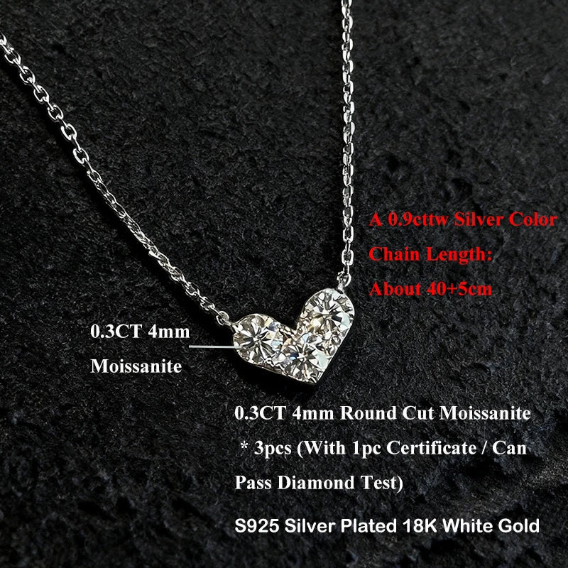 3-Stone Round Cut Full Moissanite Pendant Necklace Heart Shape for Woman 925 Silver Certified Lab Diamond Lucky Neck Chain