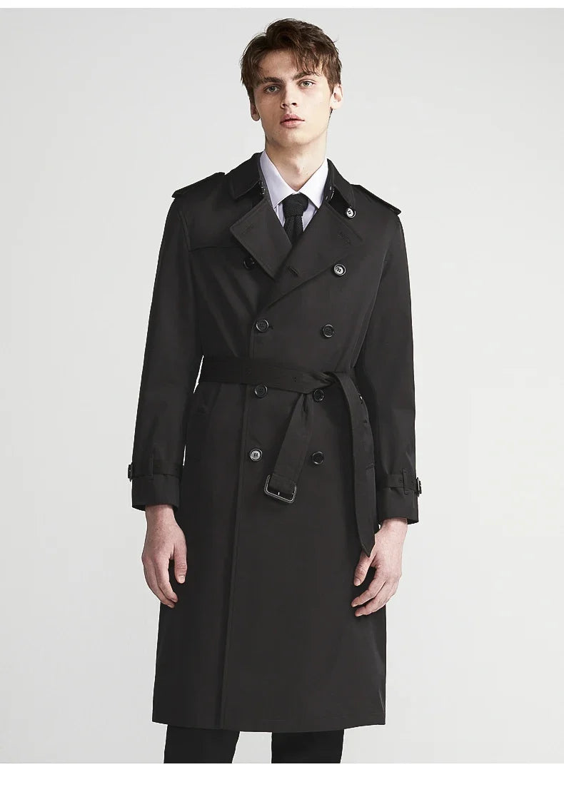 Spring Autumn Long Chic Khaki Trench Coat Men Belt Double Breasted Elegant Luxury British Style Black Overcoat 2025