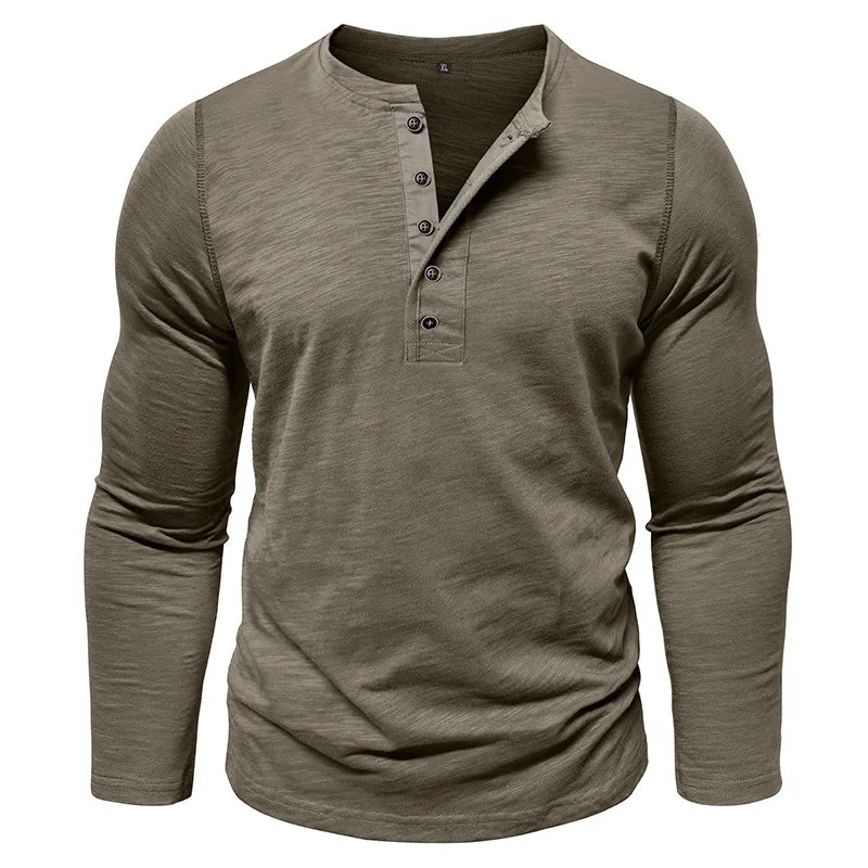 New Autumn Long Sleeve T-Shirt Mens Casual Solid Color Top Henley Neck Slim Versatile Work T-shirt Breathable Outdoor Thin Tee