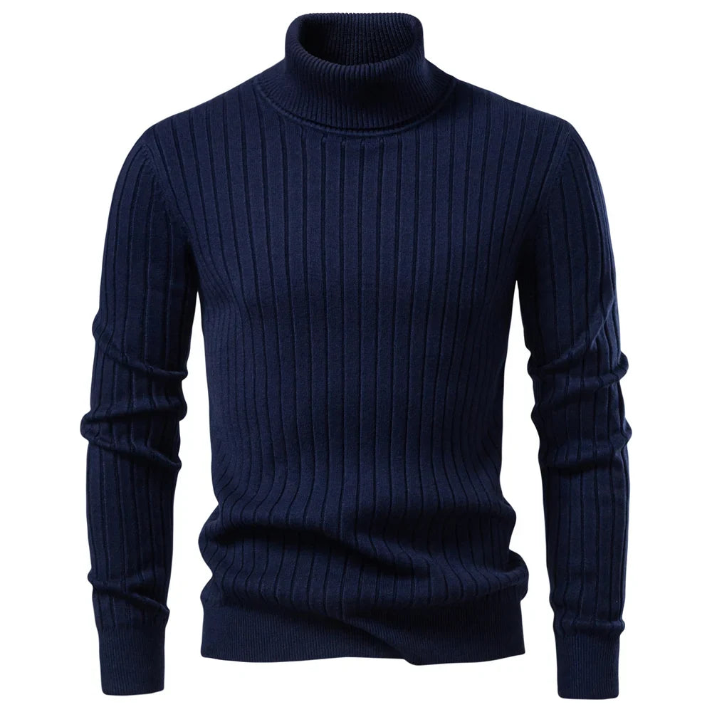 Men's Turtleneck Sweater Solid Color with Striped Pullover Warm Knitwear Winter Basic Casual High Quality Sweater Male