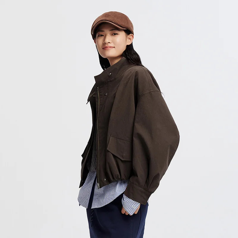 Women Jacket Solid Stand Collar Bubble Hem Oversize Dropped Shoulder Casual Style Autumn Outerwear Daily Wear 2026