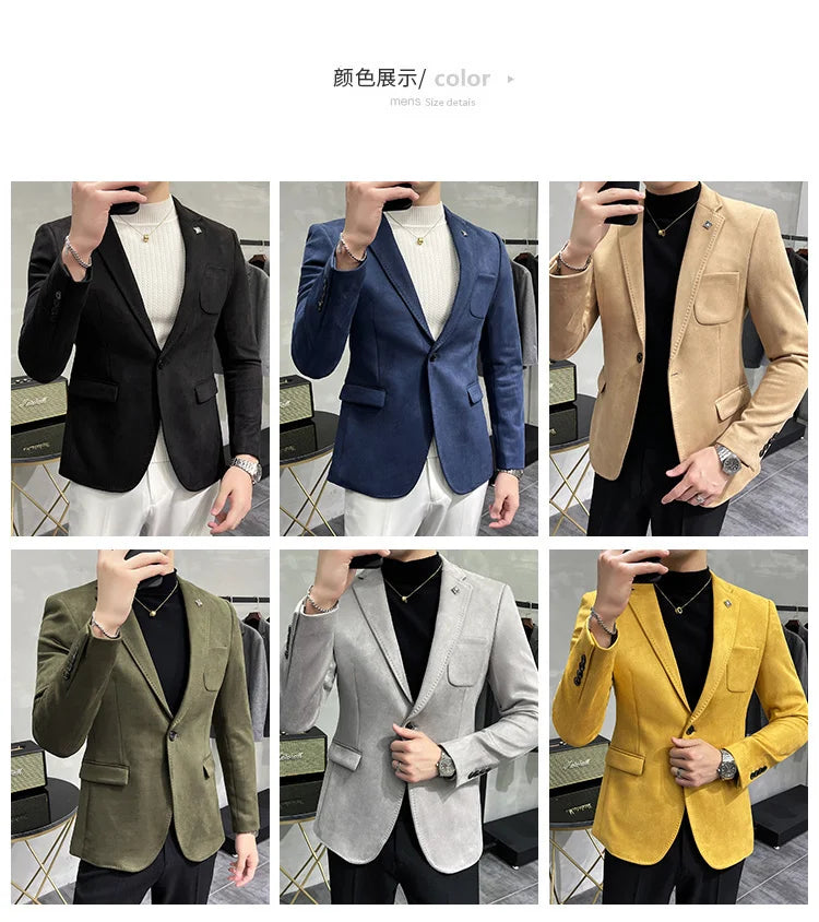 Plus Size 4XL-M Autumn Deerskin Velvet Jackets Blazer 6 Color Men Business Slim Blazers Hommes Casual Wedding Tuxedo Suit Coat