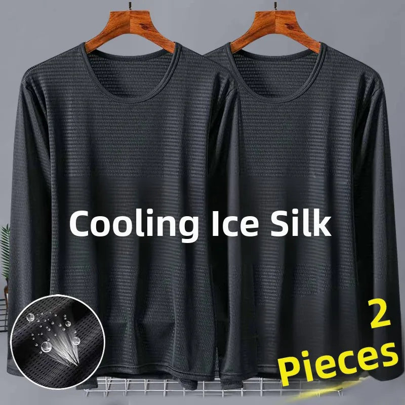 New 2025 Men's Ice Silk Breathable Sun Protection Hollow out Thin Long Sleeve Casual Sports T-Shirt Large Size Loose Fit