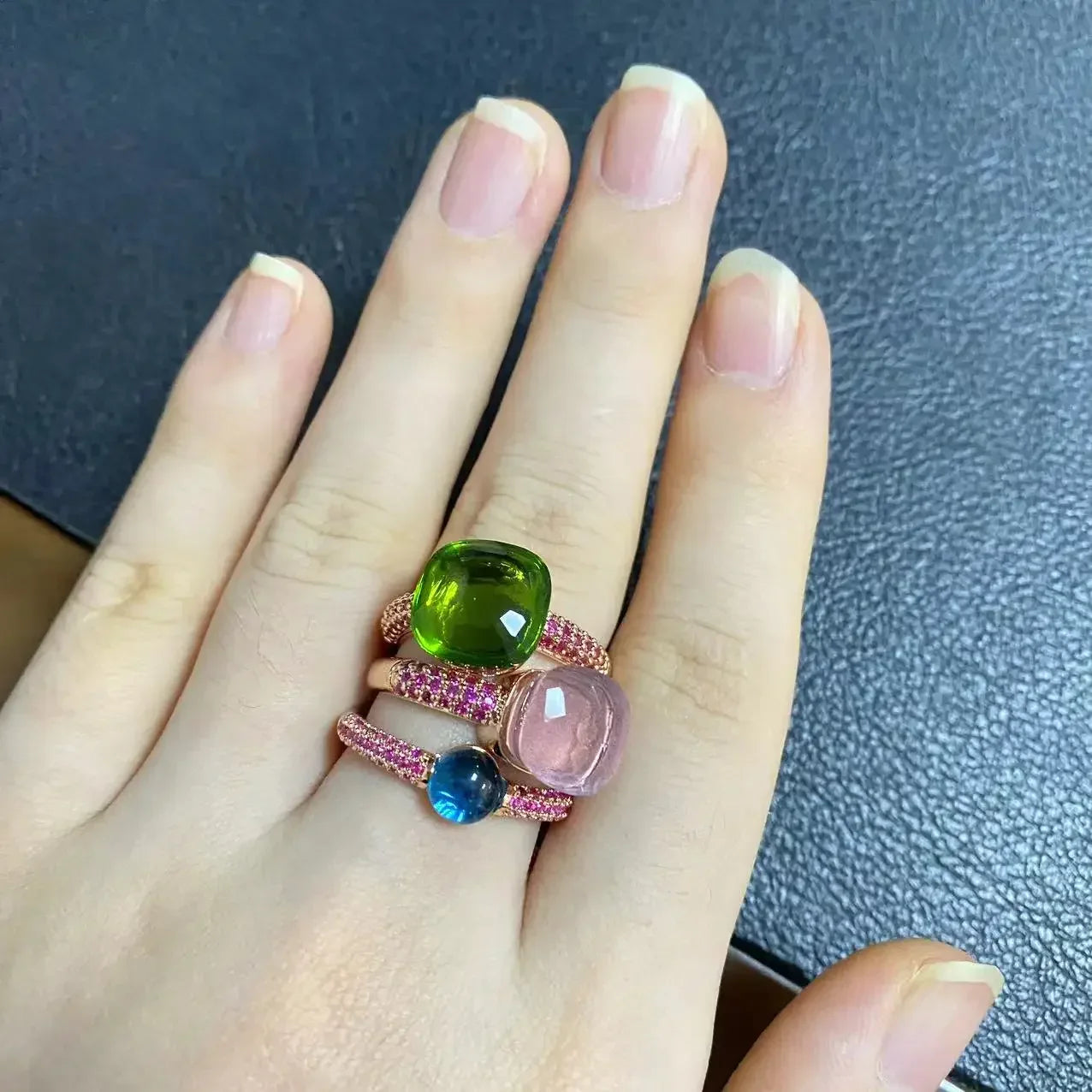 3Pcs/Set Nudo Ring Stacking Set for Women Mix Color Candy Crystal Inlay Zircon Amethyst Blue Topaz Round Jewelry Gift