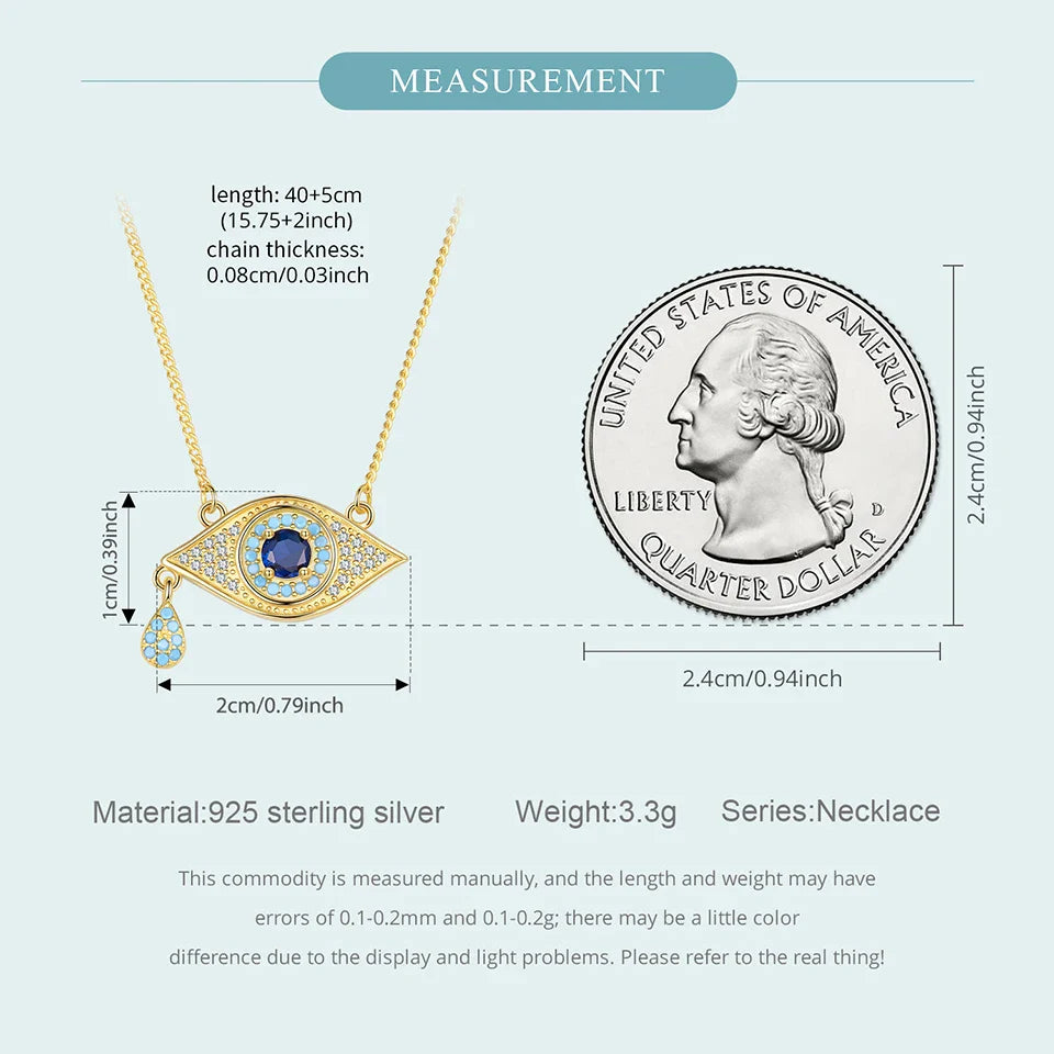 925 Sterling Silver Evil Eye Necklace 18K Gold Plated Teardrop Pendant Blue Zirconium Turkish Protection Jewelry for Women
